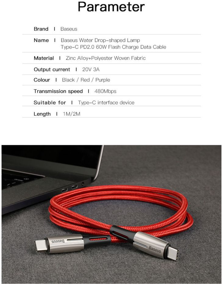 Baseus Gevlochten USB-C Fast Charge Kabel met LED 2 Meter Zwart afbeelding 21