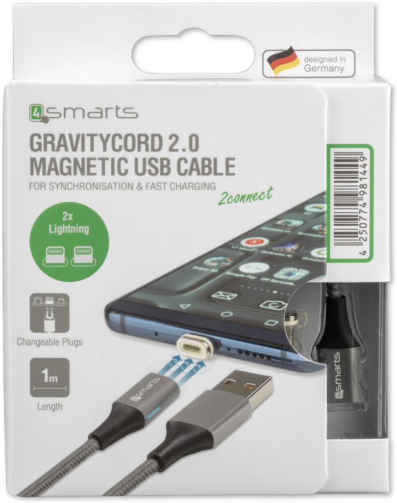 4smarts 2x Lightning Connectors met USB Kabel GRAVITYCord 2.0 1M Grijs afbeelding 6