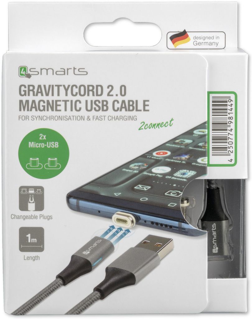4smarts 2x Micro-USB Connectors met USB Kabel GRAVITYCord 2.0 1M Grijs afbeelding 6