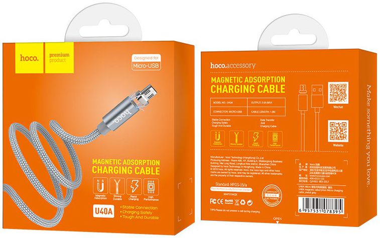 Hoco Magnetic Series Micro-USB Kabel 1m Metal Gray afbeelding 6
