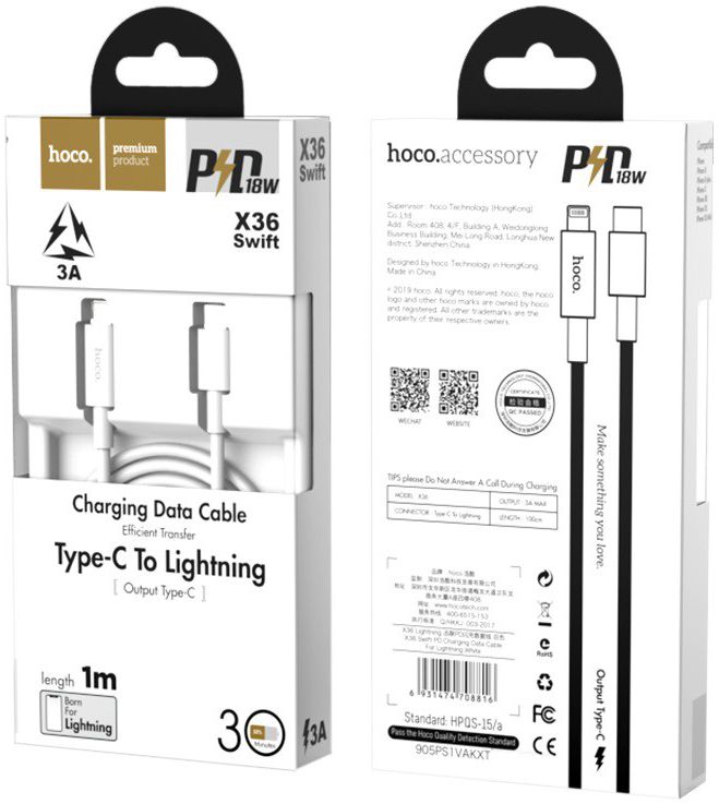 Hoco Swift Series Power Delivery USB-C naar Lightning Kabel 1m Wit afbeelding 5