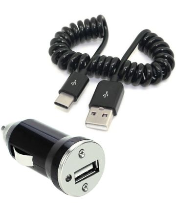 USB-C Autolader + USB-C Krulsnoer Zwart Opladers