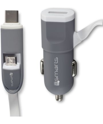 4smarts MultiCord Autolader USB-C en Micro-USB Wit Opladers
