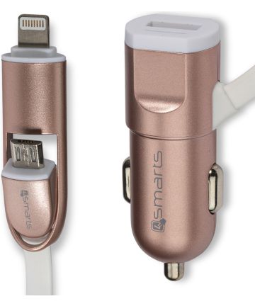 4smarts MultiCord Autolader Lightning Cable en Micro-USB Roze Goud Opladers