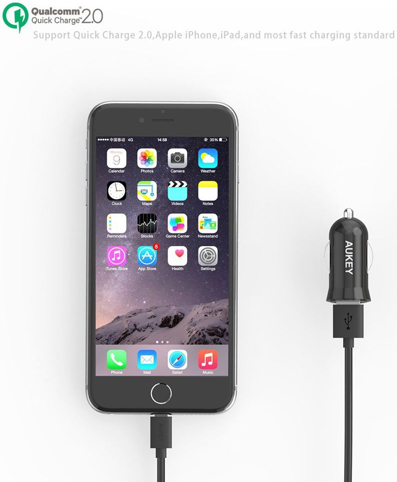 Aukey CC-T5 Quick Charge 2.0 Autolader 2.4A Zwart afbeelding 2