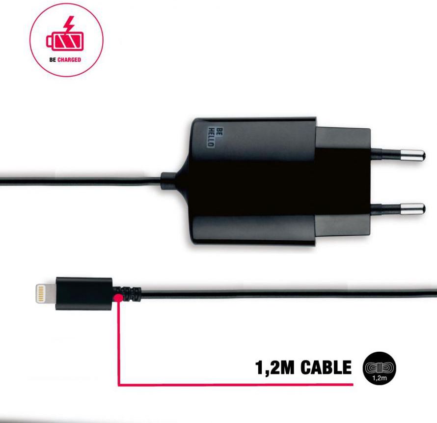 BeHello iPhone Oplader met vaste Lightning Kabel (1.2M) 2.1A Zwart afbeelding 3