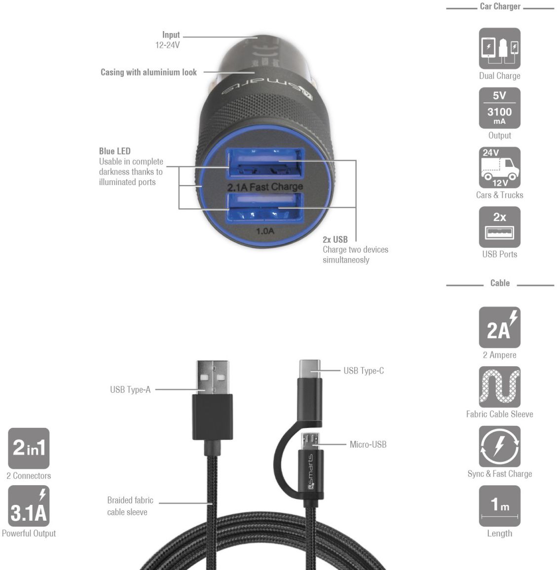 4smarts Dual Autolader met 2-in-1 Kabel Zwart afbeelding 3