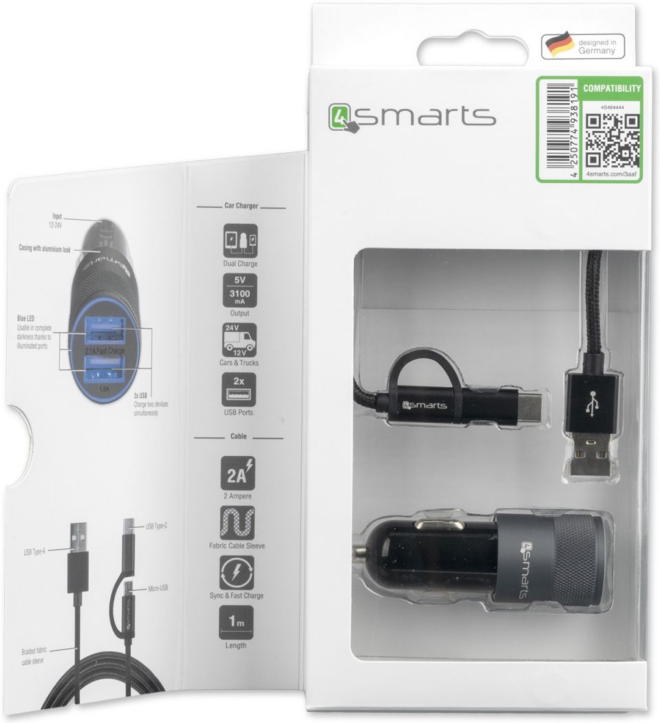 4smarts Dual Autolader met 2-in-1 Kabel Zwart afbeelding 8