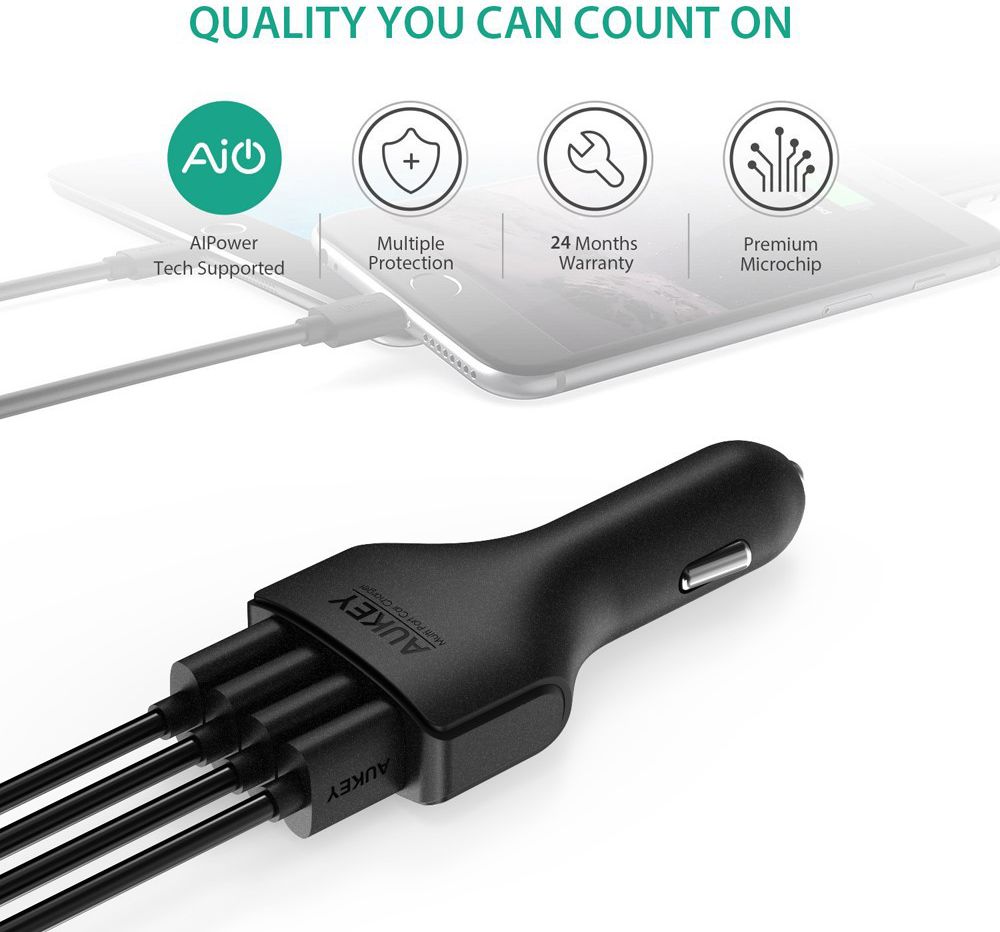 Aukey CC-01 Autolader met 4x USB 2.4A Zwart afbeelding 3