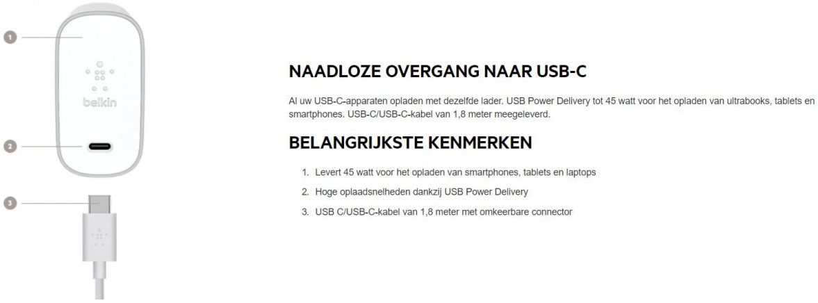 Belkin USB-C Adapter 45W/3A met Kabel (1,8M) Zilver afbeelding 3