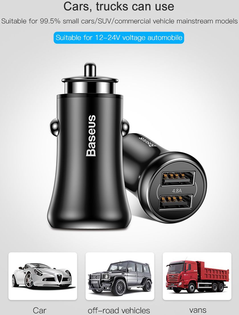 Baseus Dubbele USB Fast Charge Autolader Zwart afbeelding 15
