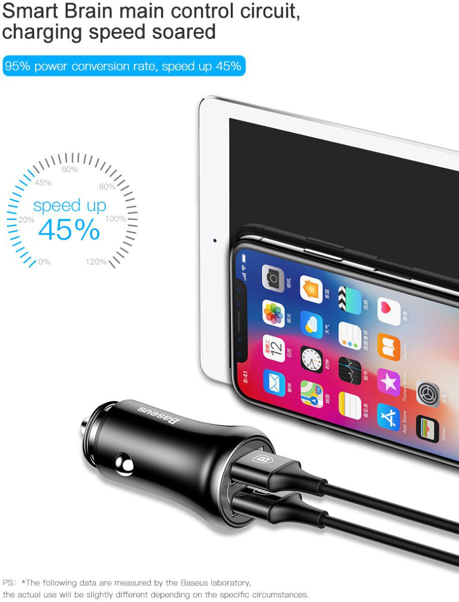 Baseus Dubbele USB Fast Charge Autolader Zwart afbeelding 8