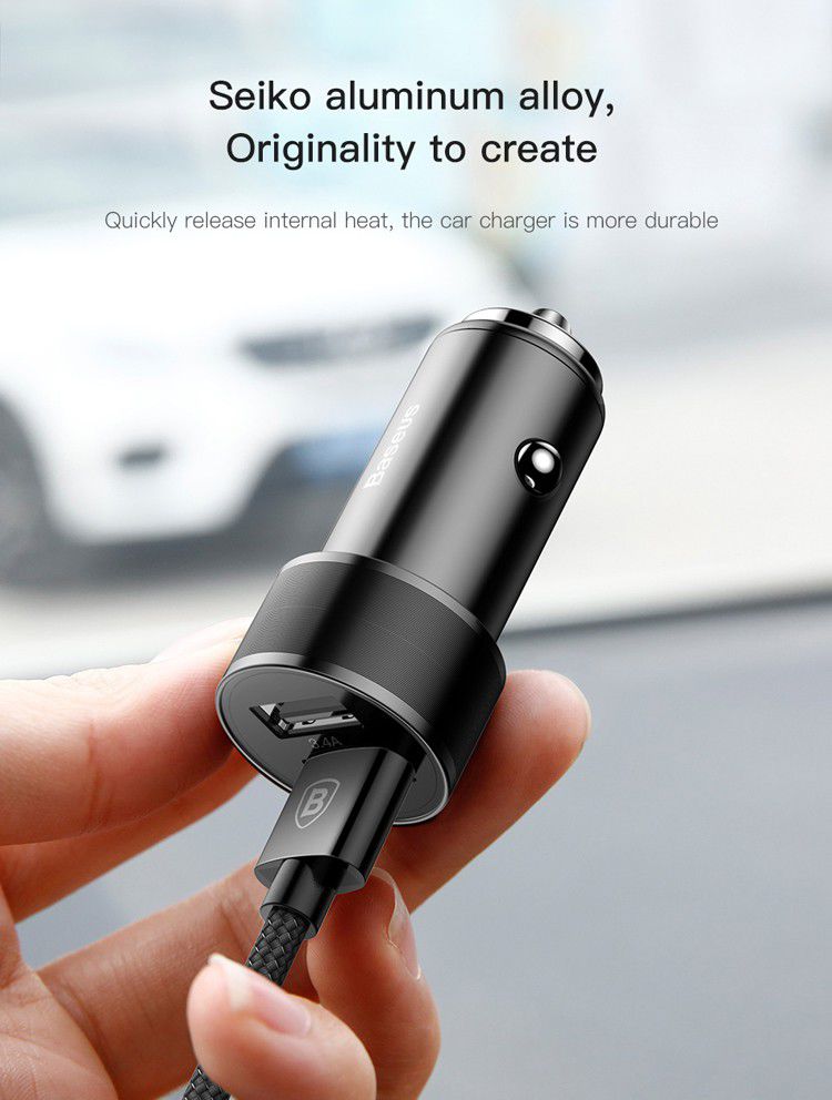 Baseus Small Screw Dubbele USB Autolader met USB-C Kabel Zwart afbeelding 16