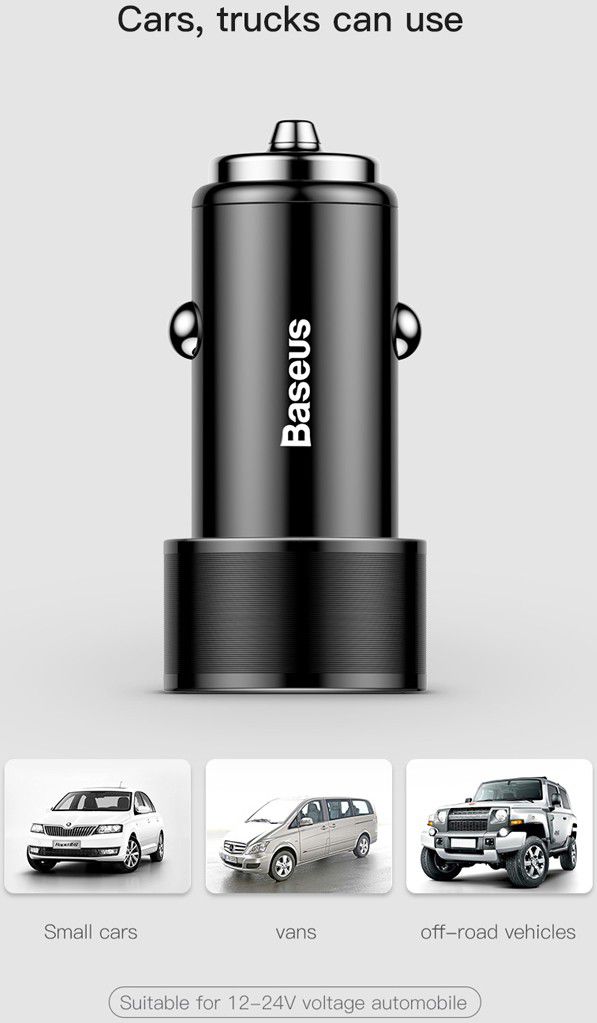 Baseus Small Screw Dubbele USB Autolader met USB-C Kabel Zwart afbeelding 11