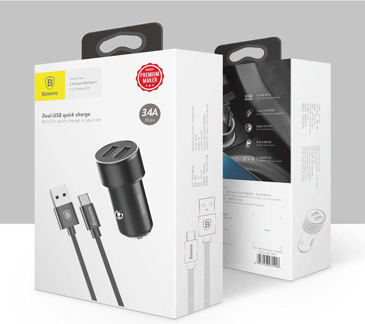 Baseus Small Screw Dubbele USB Autolader met USB-C Kabel Zwart afbeelding 21