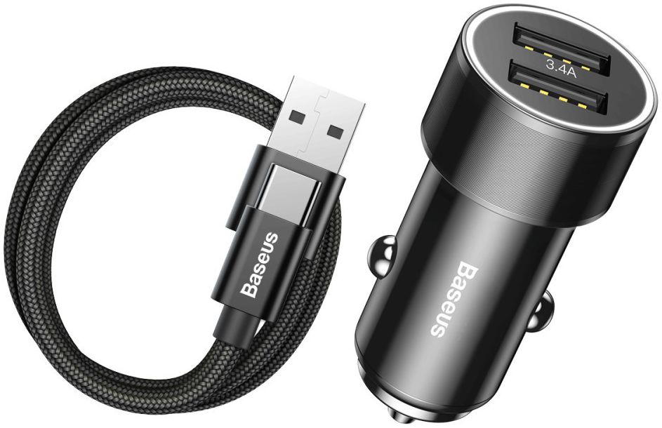 Baseus Small Screw Dubbele USB Autolader met USB-C Kabel Zwart afbeelding 1