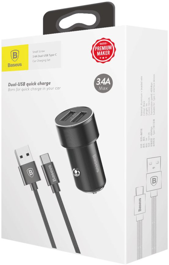 Baseus Small Screw Dubbele USB Autolader met USB-C Kabel Zwart afbeelding 2