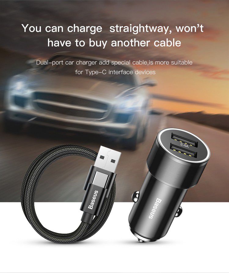 Baseus Small Screw Dubbele USB Autolader met USB-C Kabel Zwart afbeelding 17