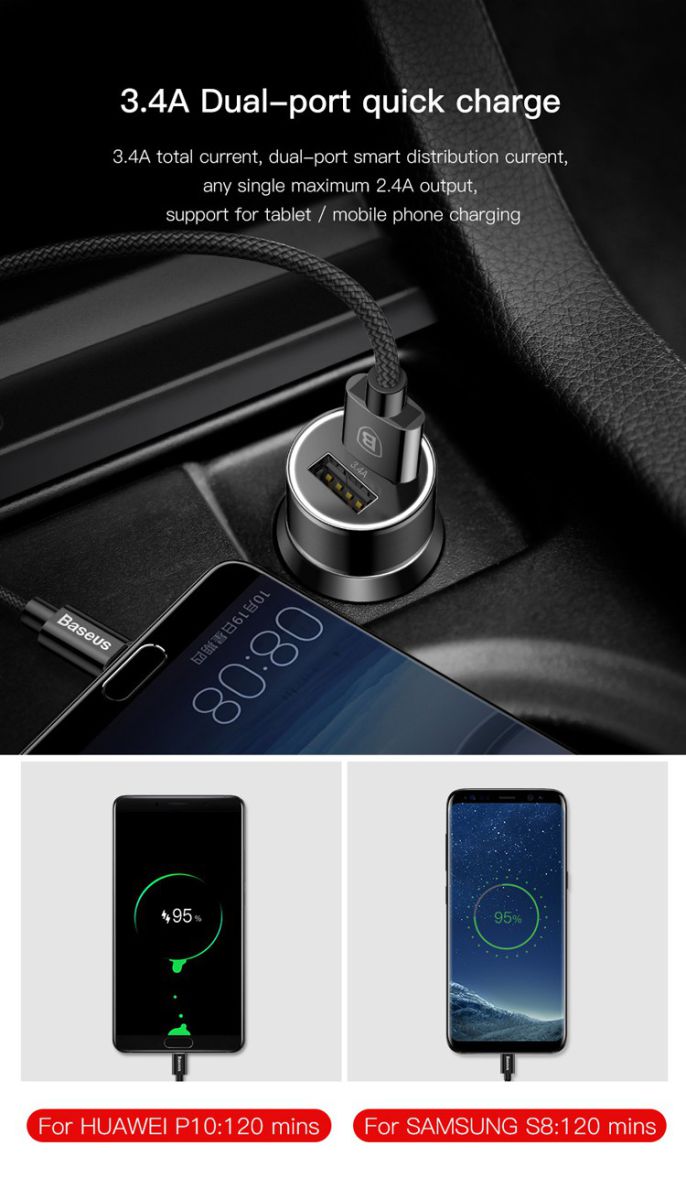 Baseus Small Screw Dubbele USB Autolader met USB-C Kabel Zwart afbeelding 7