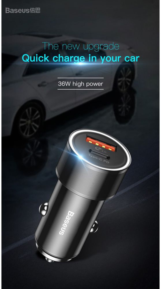 Baseus Dubbele Autolader Type-C PD en USB Quick Charger 3.0 Zwart afbeelding 19