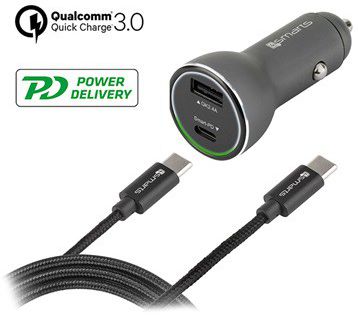 4smarts Fast Charging Autolader met USB C Kabel (1M) Zwart afbeelding 1