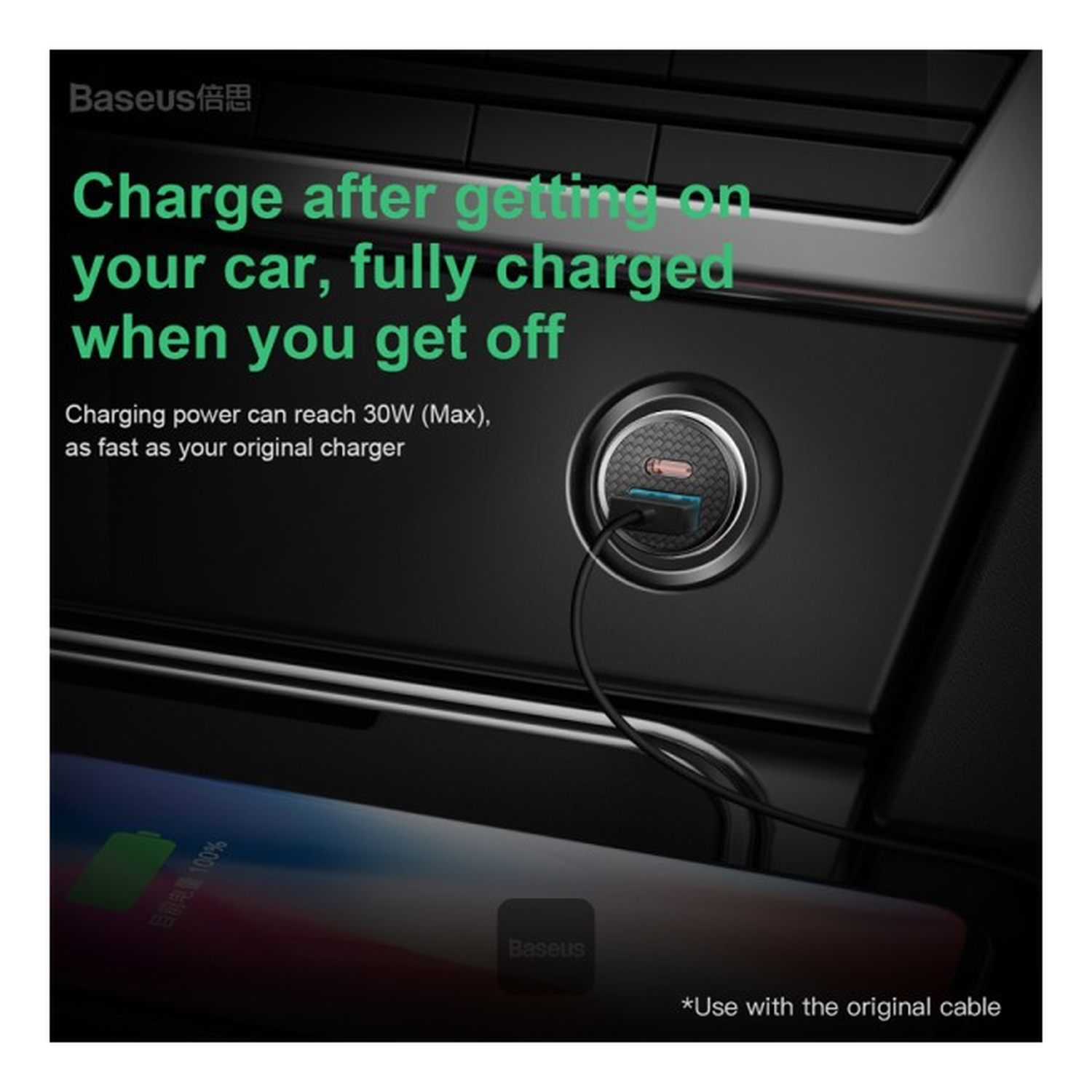 Baseus Fast Charge Autolader 30W USB + USB-C Zwart afbeelding 4