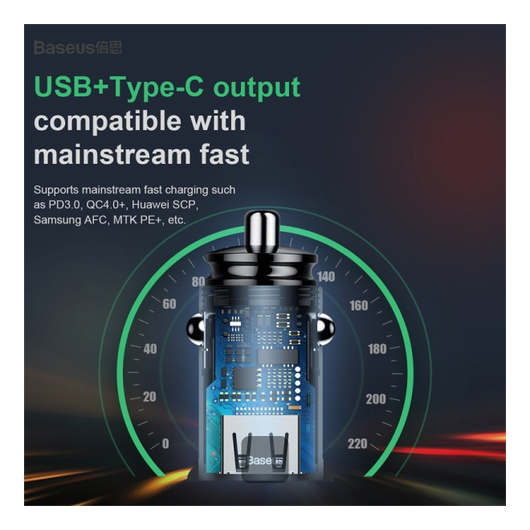 Baseus Fast Charge Autolader 30W USB + USB-C Zwart afbeelding 3