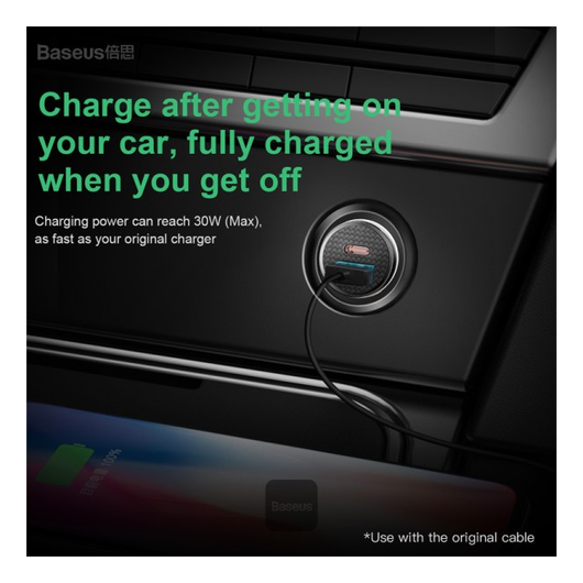 Baseus Fast Charge Autolader 30W USB + USB-C Zwart afbeelding 4