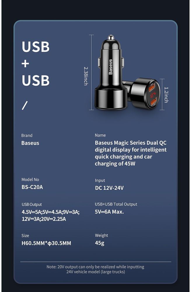 Baseus Magic Series Dual USB Quick Charge Autolader Blauw afbeelding 13