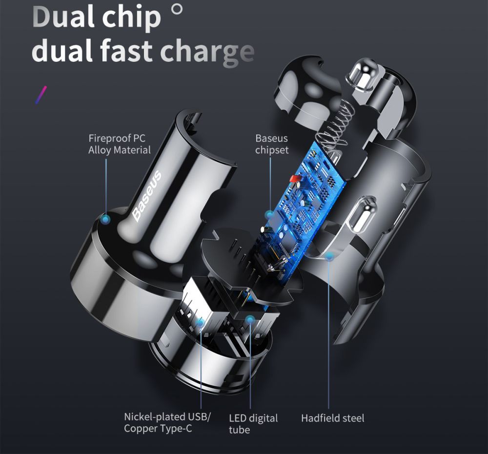Baseus Magic Series Dual USB Quick Charge Autolader Blauw afbeelding 6