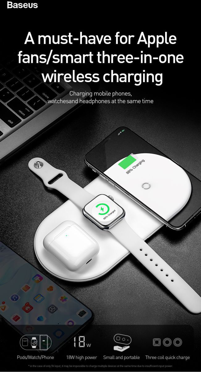 Baseus 3 in 1 Draadloze Oplader [iPhone + Apple Watch + AirPods] Zwart afbeelding 3