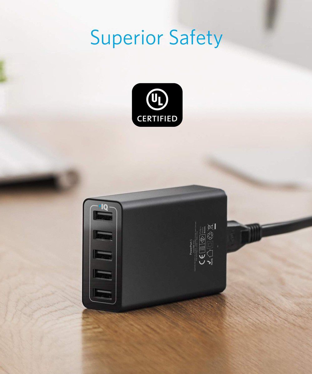 Anker PowerPort 5 Poorts USB 40W Thuislader Zwart afbeelding 3