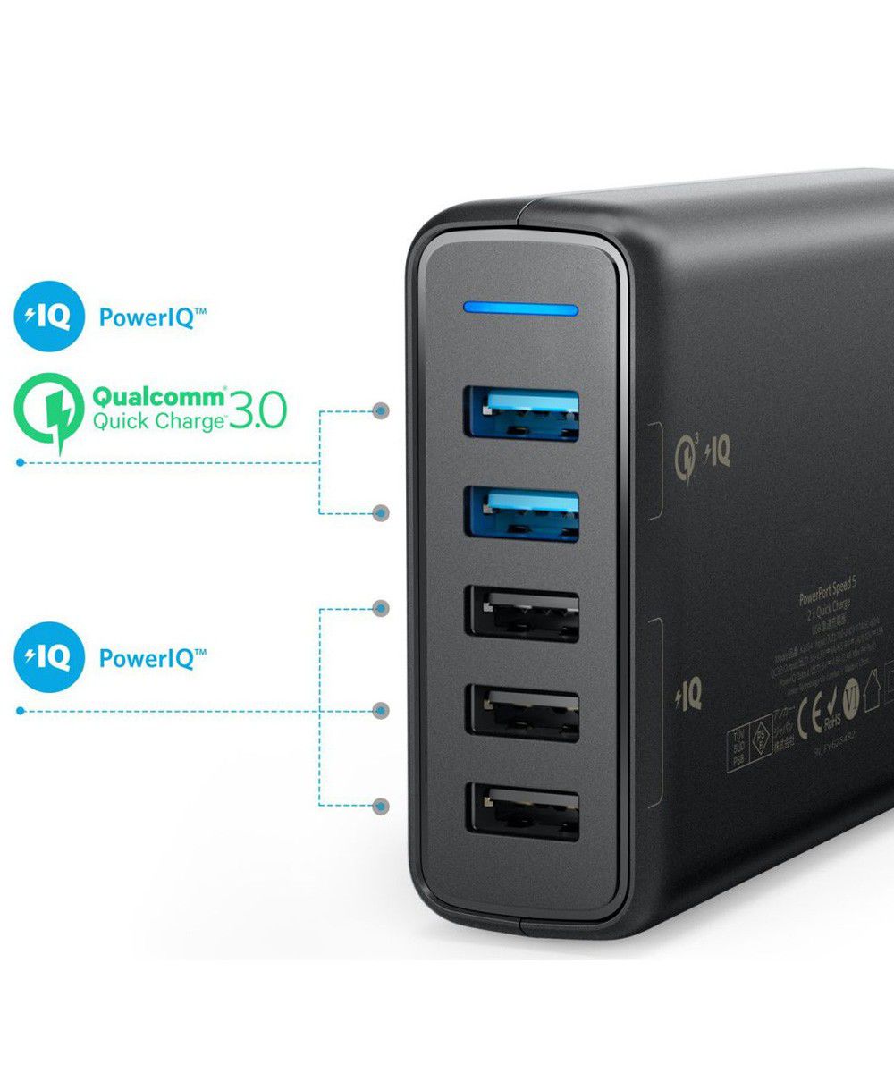 Anker PowerPort Speed 5 Poorts USB 51W Thuislader Zwart afbeelding 2