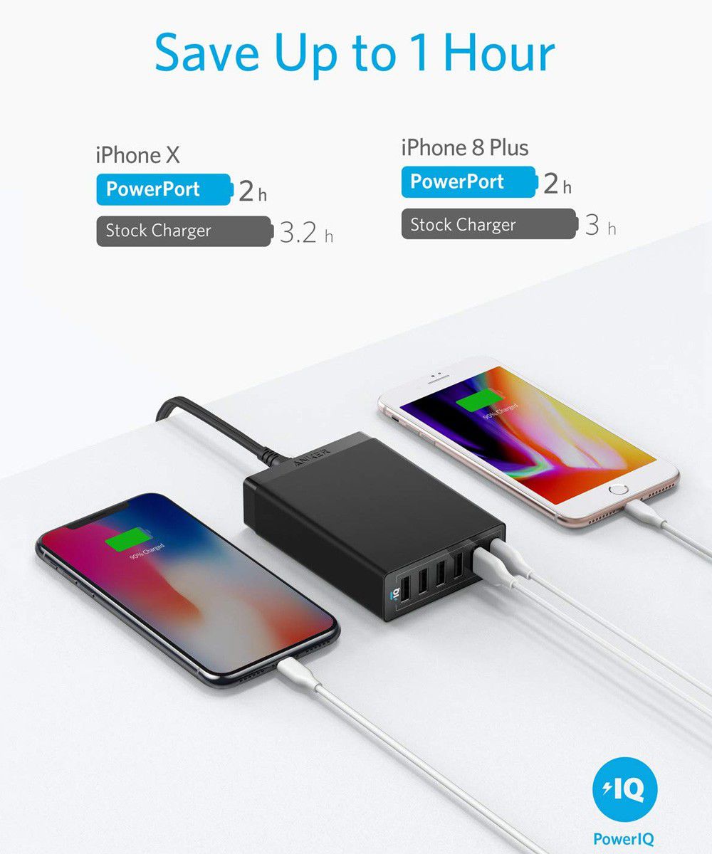 Anker PowerPort (60W) 6-Poorts Multifunctionele USB-A Thuislader Zwart afbeelding 4
