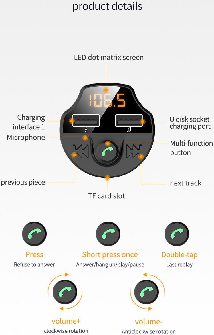 Universele Bluetooth Audio Transmitter / Fast Charge Autolader afbeelding 14