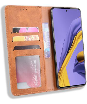 Samsung Galaxy A51 Book Case Kunst Leer Hoesje Retro Wallet Bruin Hoesjes