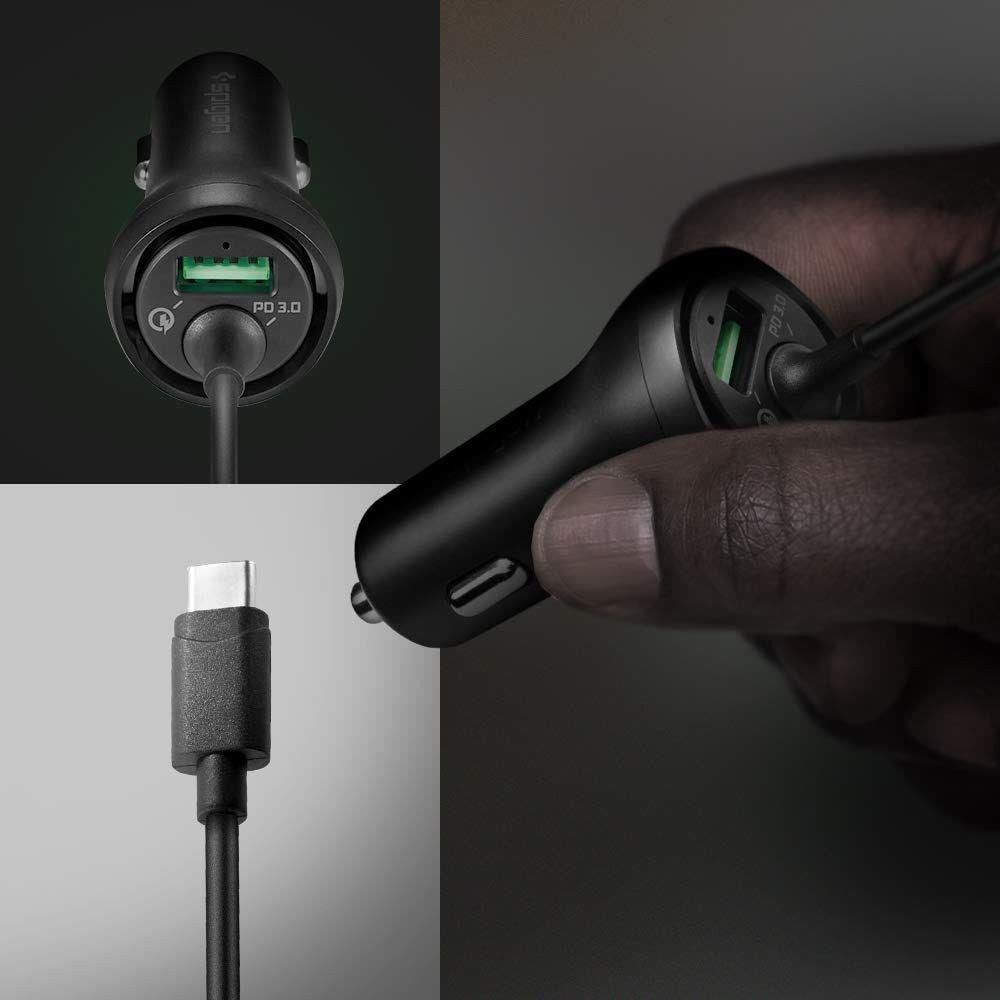 Spigen F30qc Autolader met USB-C Kabel Zwart afbeelding 2
