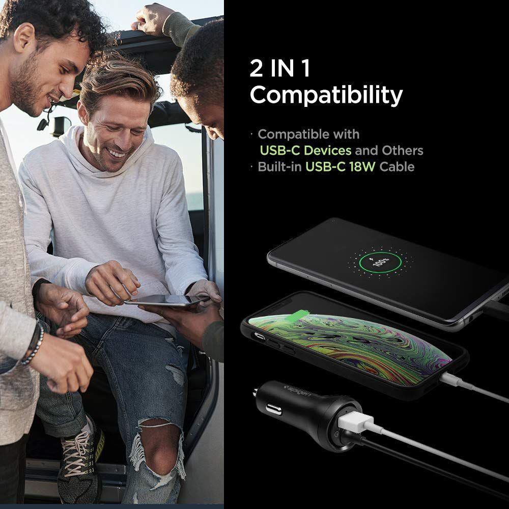 Spigen F30qc Autolader met USB-C Kabel Zwart afbeelding 7