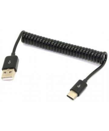 USB naar USB-C Krulsnoer Kabel Zwart 1M Kabels