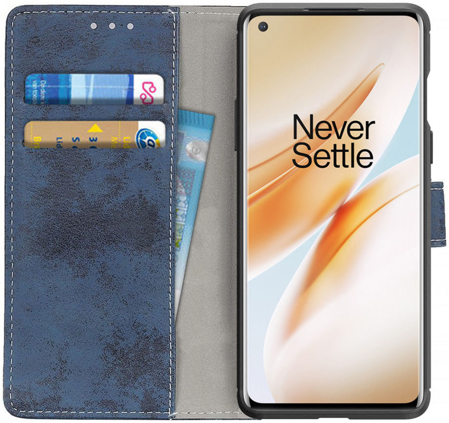 OnePlus 8 Vintage Portemonnee Stand Hoesje Blauw afbeelding 1