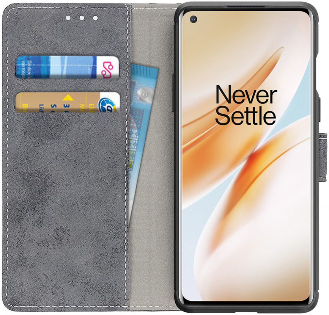 OnePlus 8 Vintage Portemonnee Stand Hoesje Grijs afbeelding 1