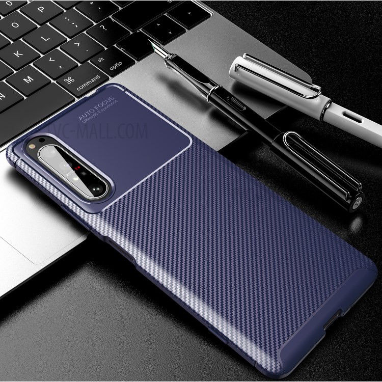 Sony Xperia 1 II Hoesje Siliconen Carbon TPU Back Cover Blauw afbeelding 3