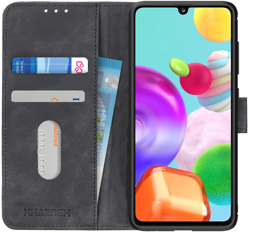 KHAZNEH Samsung Galaxy A41 Hoesje Retro Wallet Book Case Zwart afbeelding 1
