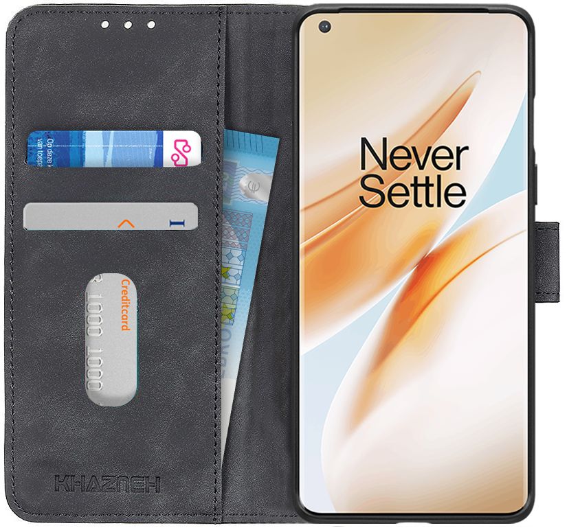 KHAZNEH OnePlus 8 Hoesje Retro Wallet Book Case Zwart afbeelding 1