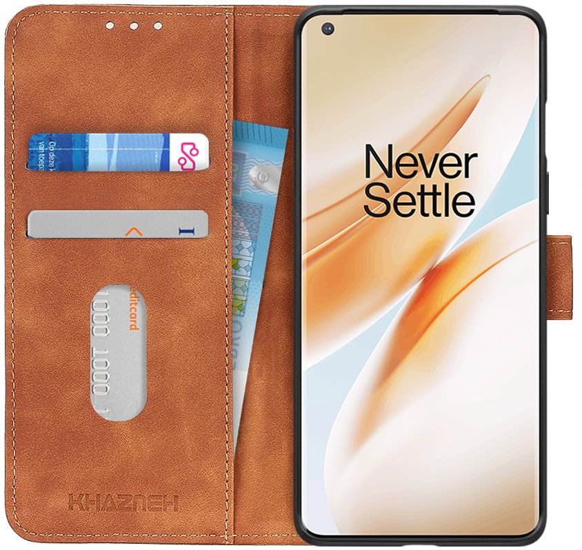 KHAZNEH OnePlus 8 Hoesje Retro Wallet Book Case Bruin afbeelding 1