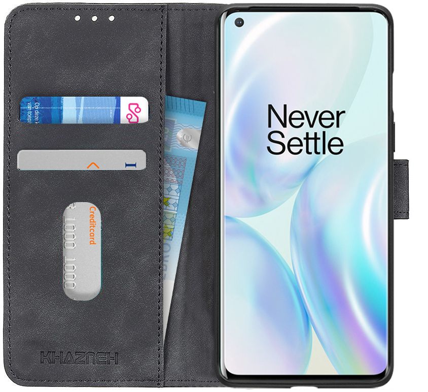 KHAZNEH OnePlus 8 Pro Hoesje Retro Wallet Book Case Zwart afbeelding 1