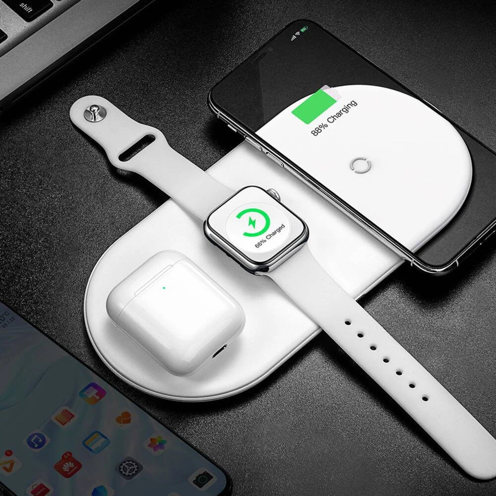 Baseus 3-in-1 18W Draadloze Oplader Smartphone Apple Watch AirPods Wit afbeelding 1