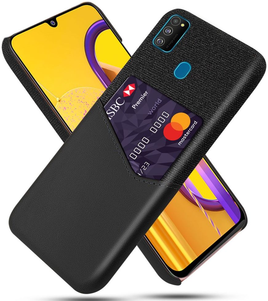 Samsung Galaxy M21 Kunstleer en Stof Hoesje met Kaarthouder Zwart afbeelding 1