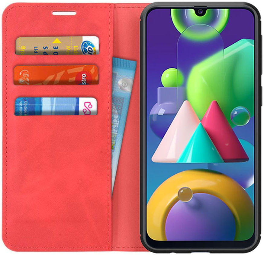 Samsung Galaxy M21 Hoesje Zijdezacht Kunstleer Portemonnee Rood afbeelding 1