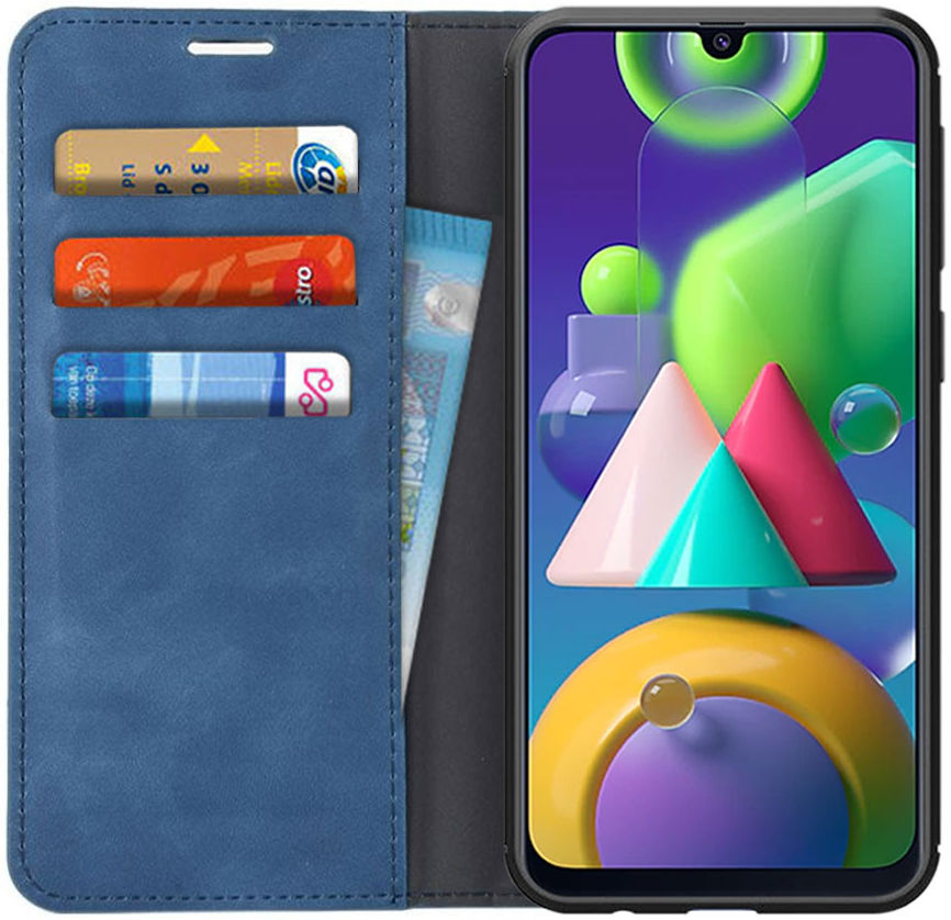 Samsung Galaxy M21 Hoesje Zijdezacht Kunstleer Portemonnee Blauw afbeelding 1